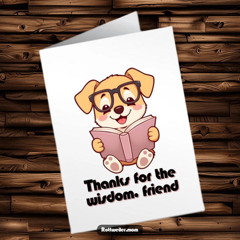 Funny Free Printable Thank You Card: A dog wearing reading glasses, happily reading a book, expressing thanks.