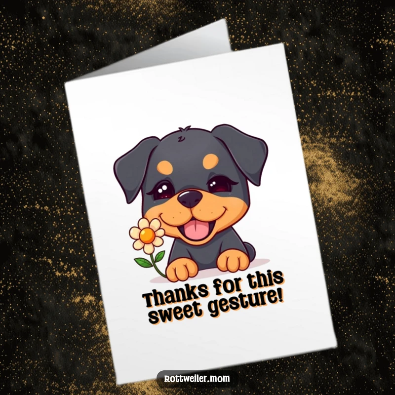 Funny free printable thank you card: A kawaii rottweiler winks teasingly while holding out a single flower.