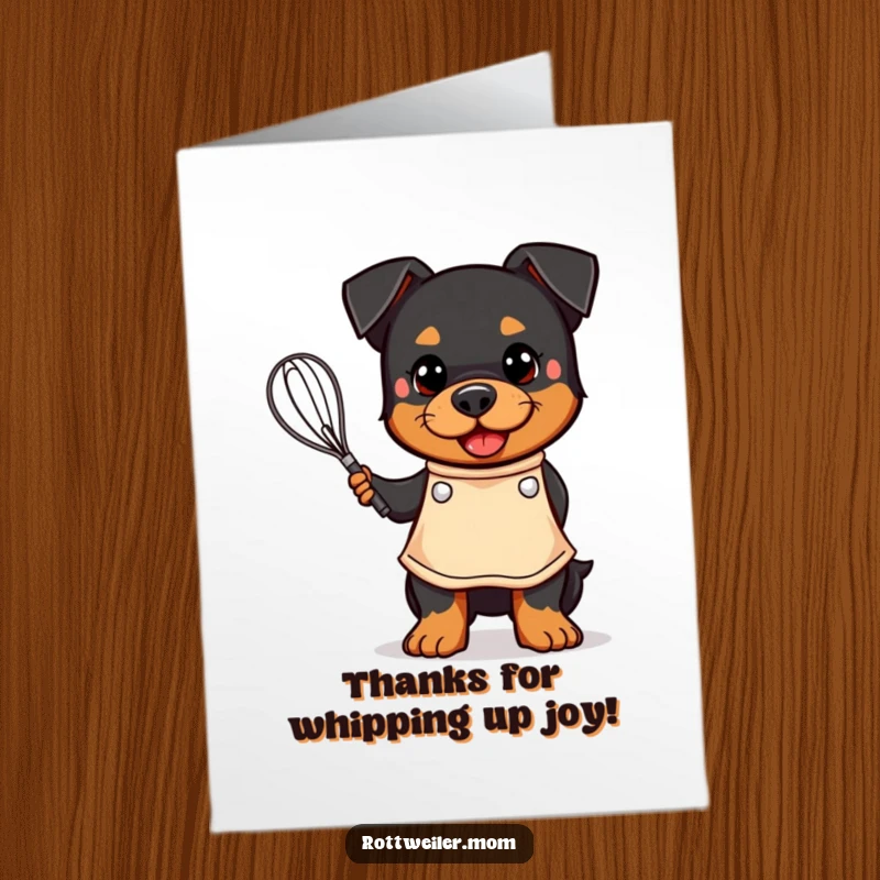Funny Free Printable Thank You Card featuring a happy kawaii Rottweiler chef in an apron, whisk in paw, offering thanks.