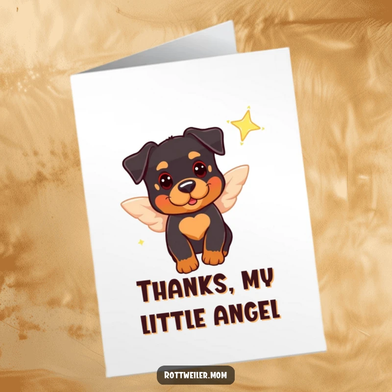 Funny Free Printable Thank You Card: A cute Rottweiler angel with tiny wings, flitting with gratitude.