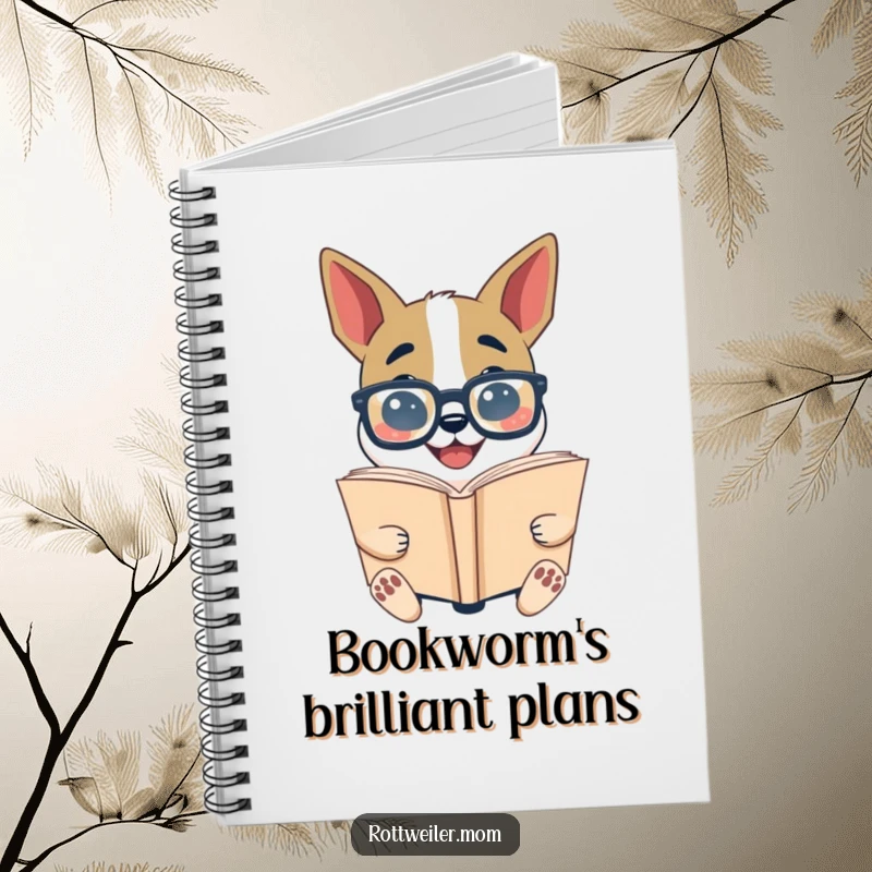 Funny Bookworm Dog Notebook: Dog with oversized glasses reading a giant book, ideal for jotting down witty notes.