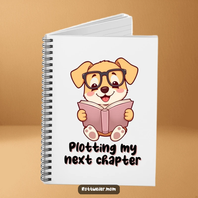 Funny notebook with a dog wearing reading glasses, smiling contentedly while reading a book, ideal for writers and readers.