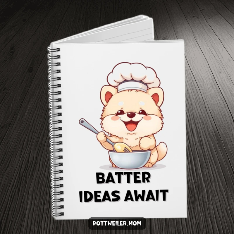 Funny Chef Dog Notebook: Fluffy dog in a chef hat whisks batter, ideal for jotting down humorous notes.