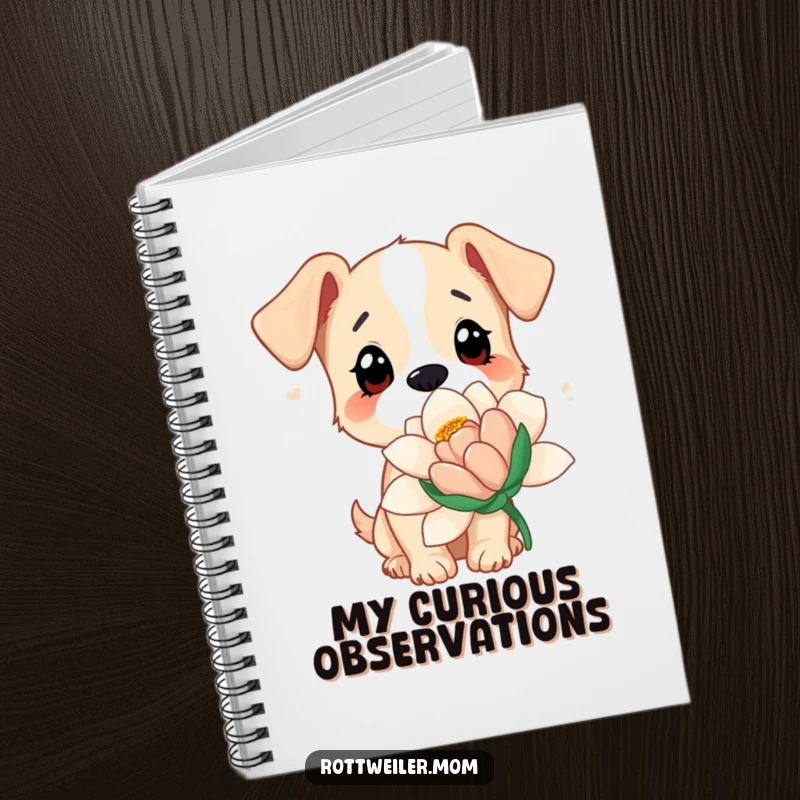 Funny dog notebook featuring a dog with curious eyes sniffing a giant flower, ideal for journaling and creative writing.