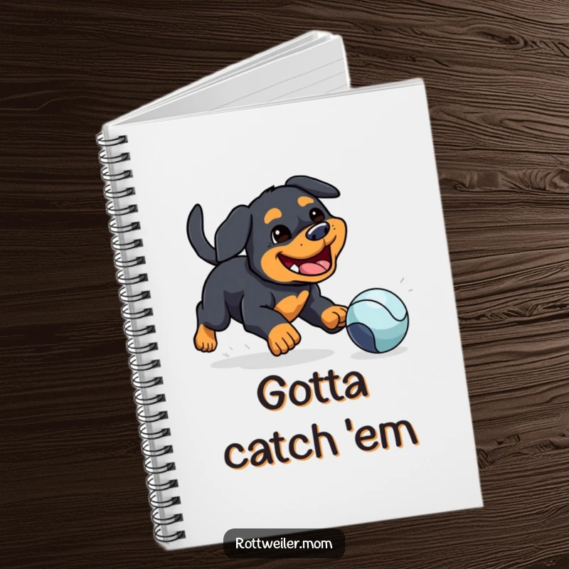 Funny notebook featuring a kawaii Rottweiler with a silly grin chasing a bouncing ball, designed for joyful note-taking.