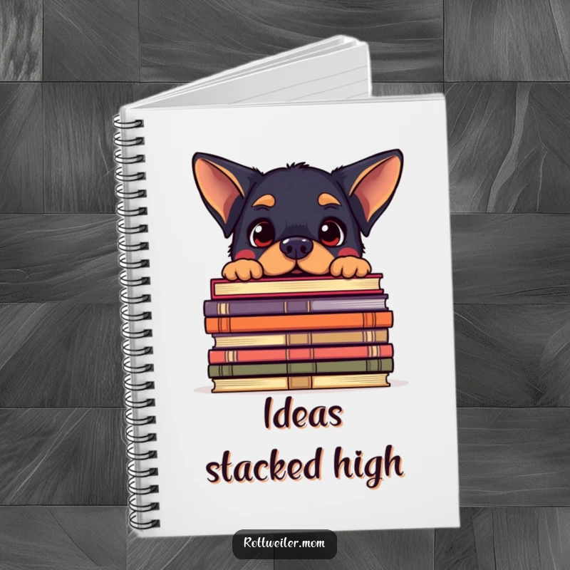 Funny notebook with a kawaii Rottweiler peeking over a giant stack of books, looking amused, perfect for journaling.