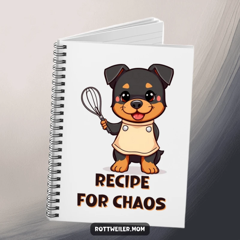 Funny notebook with a kawaii Rottweiler wearing an apron and happily holding a whisk, perfect for recording recipes.