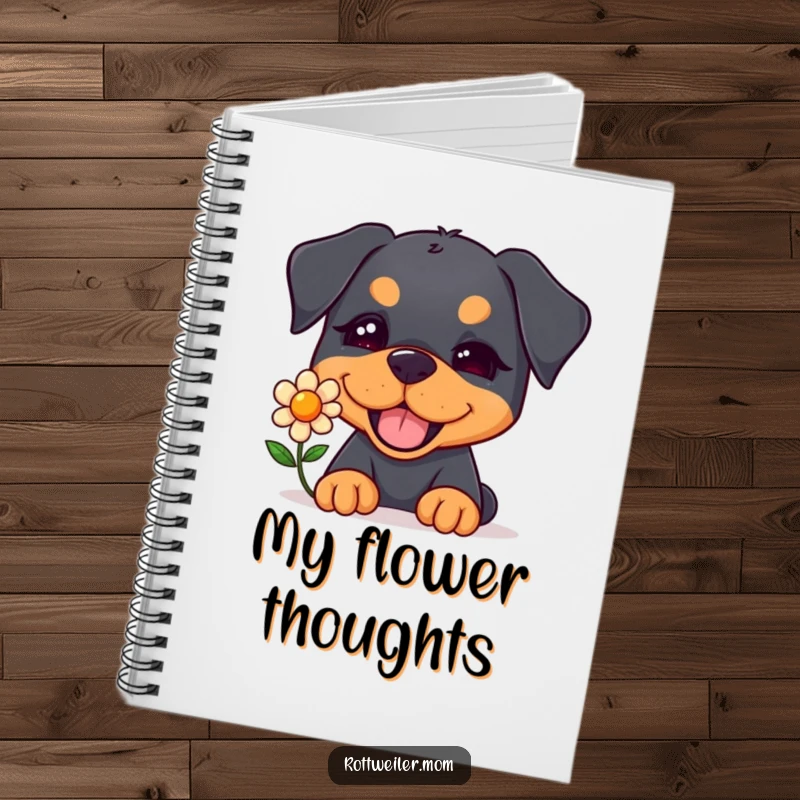 Funny Kawaii Rottweiler Notebook cover featuring a cute dog winking and offering a single flower, ready for notes.