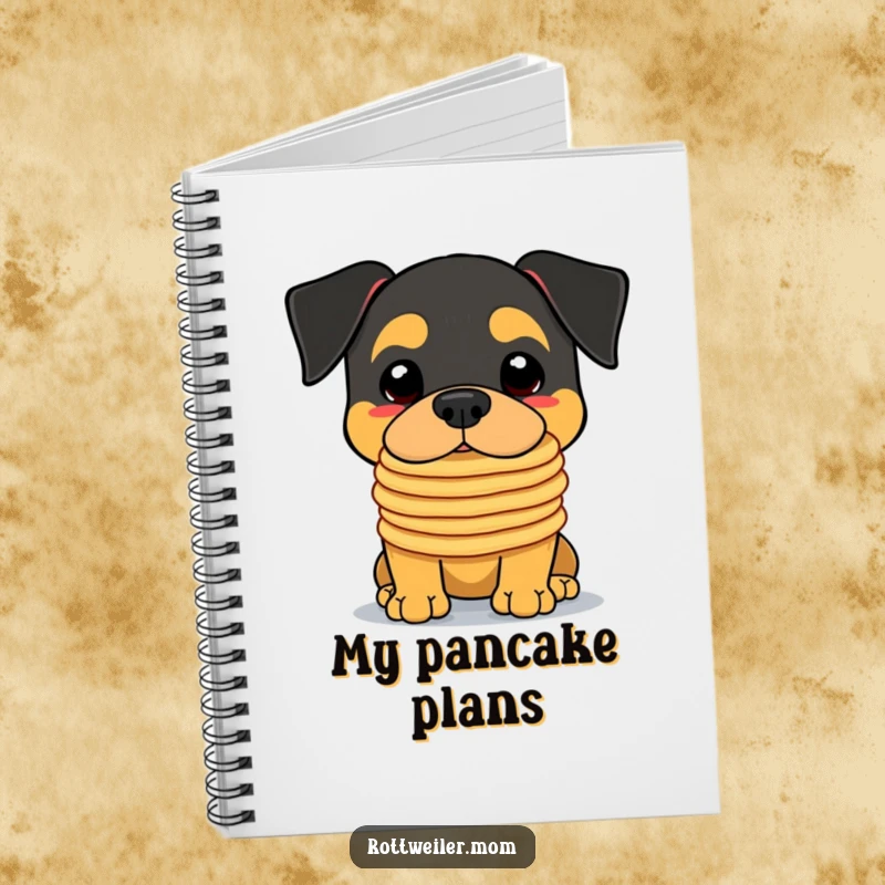 Funny Kawaii Rottweiler Notebook cover featuring a cute dog balancing a precarious stack of pancakes on its nose, ready for notes.