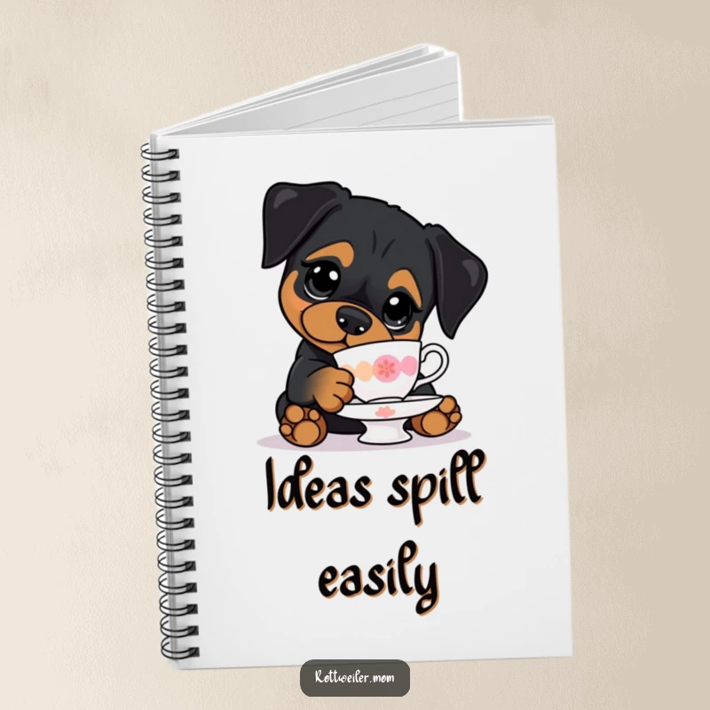 Funny notebook with a kawaii Rottweiler with big eyes, precariously balancing a teacup, perfect for journaling cute moments.