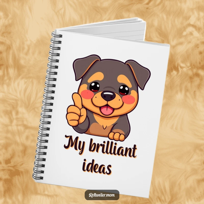 Funny Kawaii Rottweiler with rosy cheeks, giving a thumbs-up with its paw, on a notebook cover for inspiration.