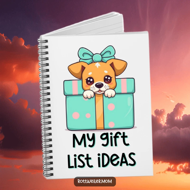Funny peek-a-boo dog notebook, a dog with sparkling eyes peeking from behind a gift box, perfect for jotting down ideas.