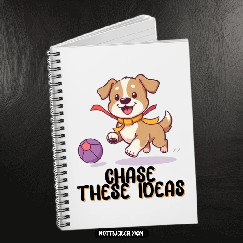 Funny Playful Dog Notebook: Dog with a bright ribbon chases a bouncing ball, ideal for jotting down energetic notes.