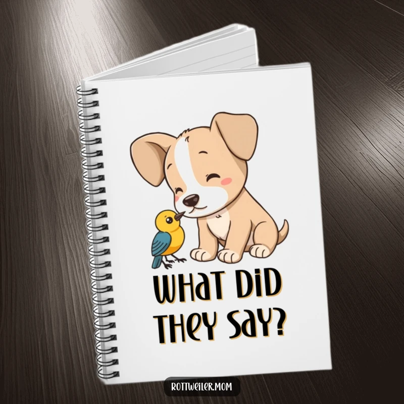 Funny puppy notebook, a dog with large ears listening to a bird, perfect for notes and sketches.