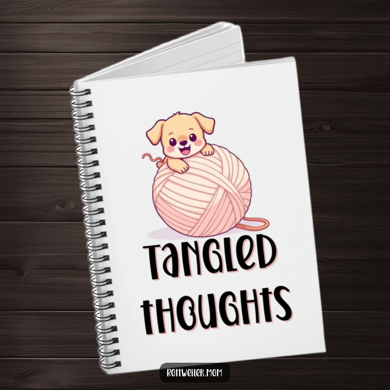 Funny puppy notebook cover with a tiny dog happily tripping over a large ball of yarn, ready to capture all your notes.