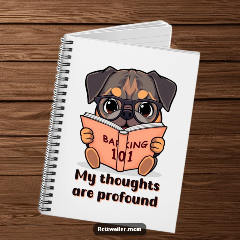 Funny notebook with a Rottweiler wearing glasses, reading a giant Barking 101 book, perfect for note-taking.