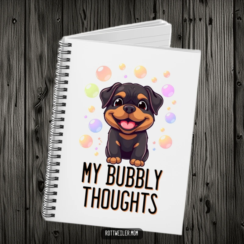 Funny notebook with a smiling Rottweiler surrounded by floating, colorful bubbles, perfect for jotting notes with cheerful charm.
