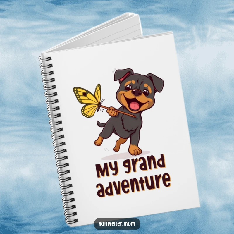 Funny Rottweiler Butterfly Notebook shows an excited dog with a net, chasing a huge butterfly, ready for humorous note-taking.