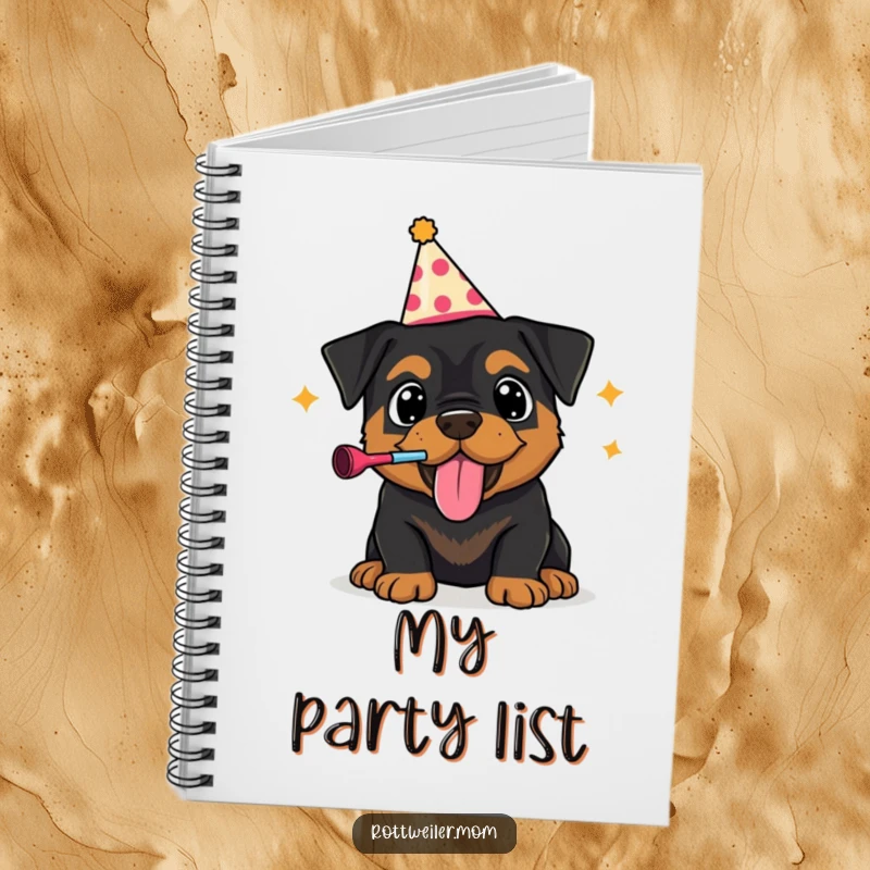 Funny notebook with a Rottweiler puppy wearing a party hat, exuberantly blowing a noisemaker, perfect for jotting notes with festive charm.