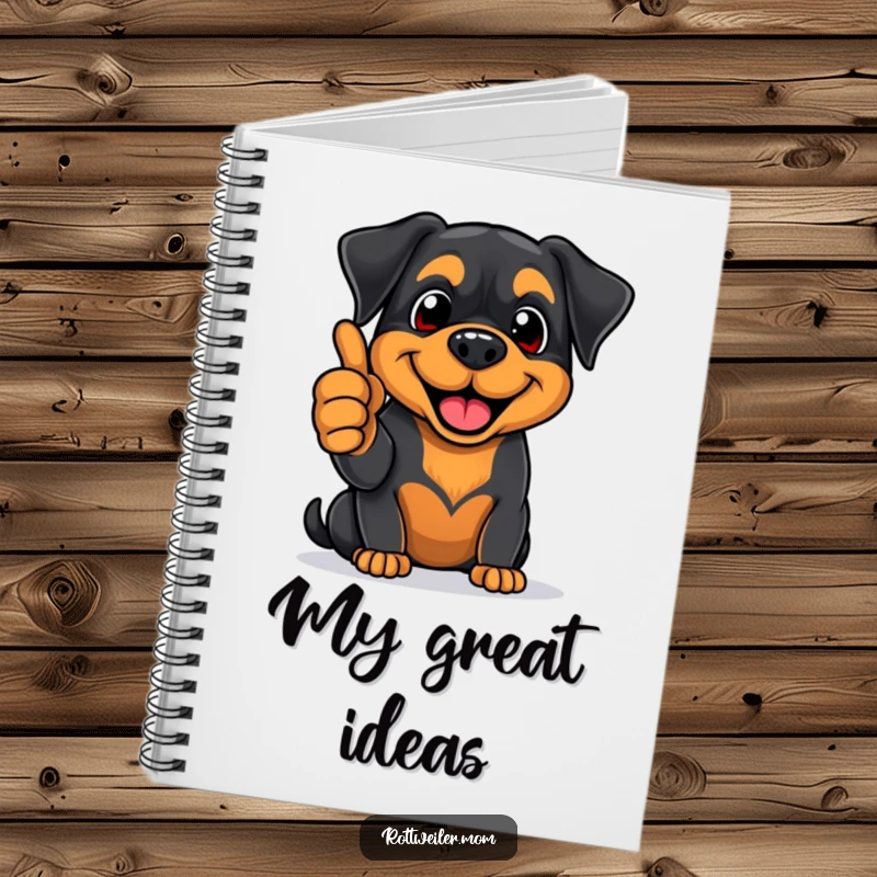 Funny Rottweiler notebook featuring an enthusiastic pup giving a thumbs-up with a big smile, perfect for journaling positive thoughts.