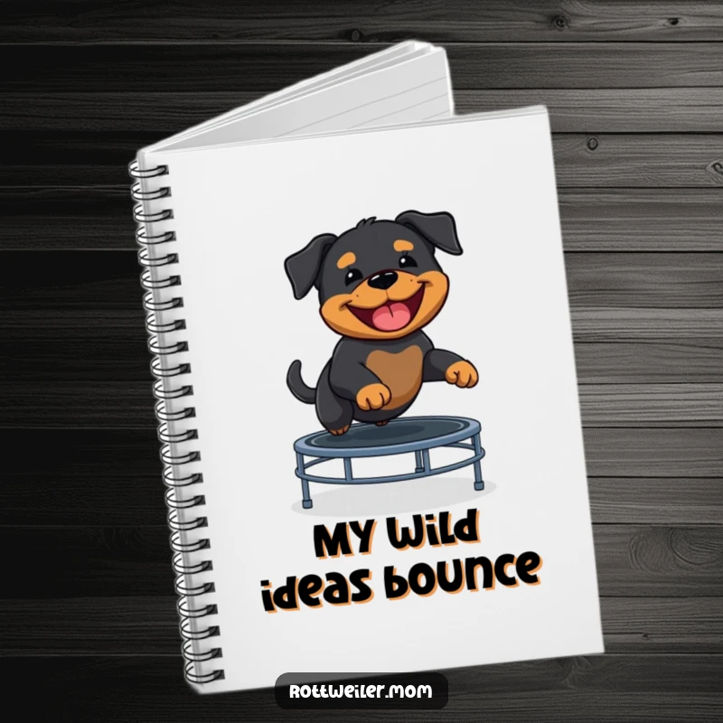 Funny Rottweiler puppy bouncing on a trampoline, a fun and energetic design for this notebook.