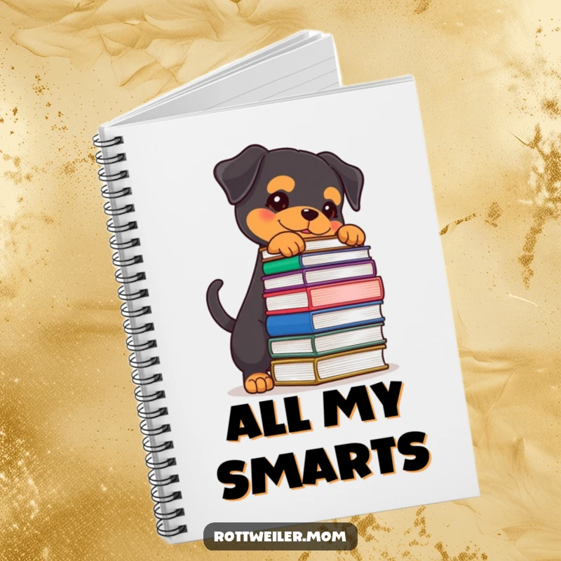 Funny Rottweiler notebook with a determined dog balancing books, perfect for taking notes, journaling, or sketching brilliant ideas.