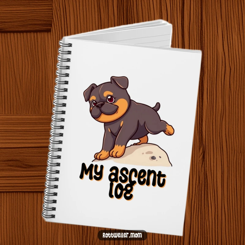 Funny Kawaii Rottweiler Notebook cover featuring a cute dog climbing a small hill, symbolizing goals and humor.