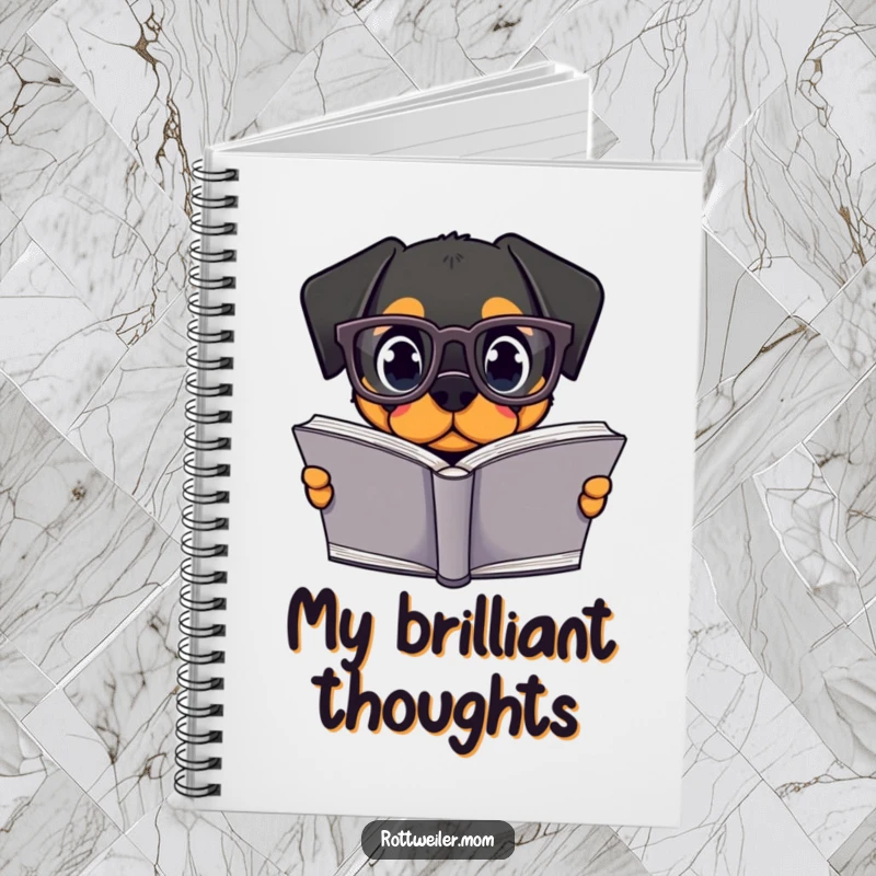 Funny Kawaii Rottweiler Notebook with a cute dog wearing glasses and reading, perfect for a funny journaling gift.