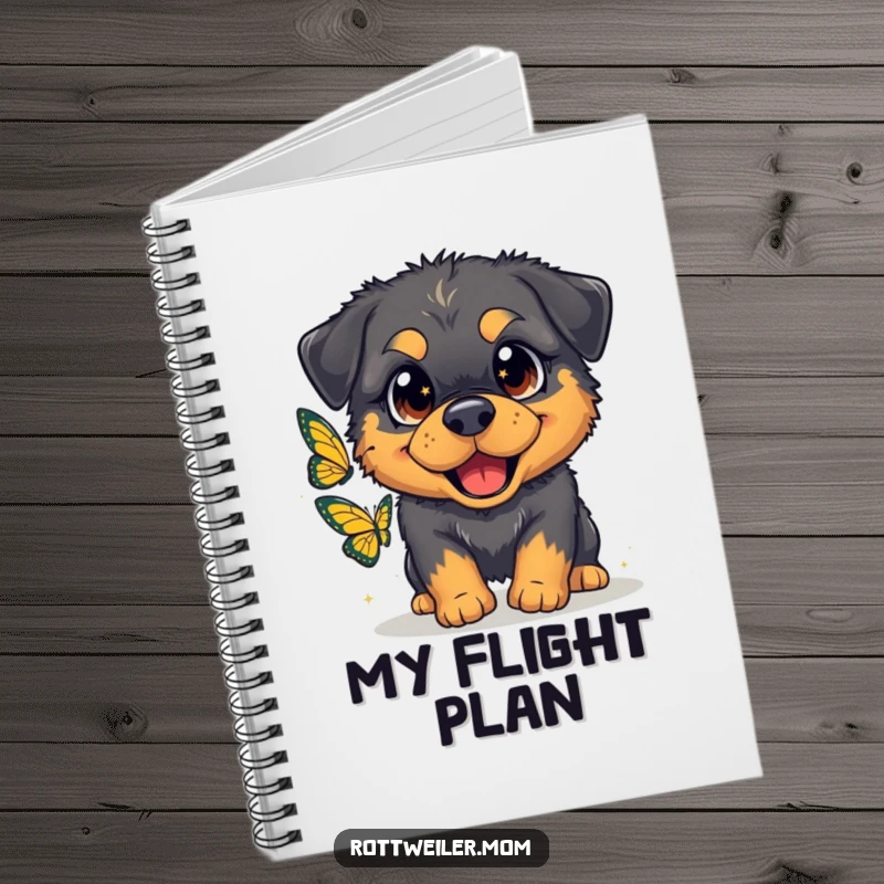 Funny notebook with a fluffy Rottweiler with oversized, sparkling eyes gleefully chasing a butterfly, ready for notes.