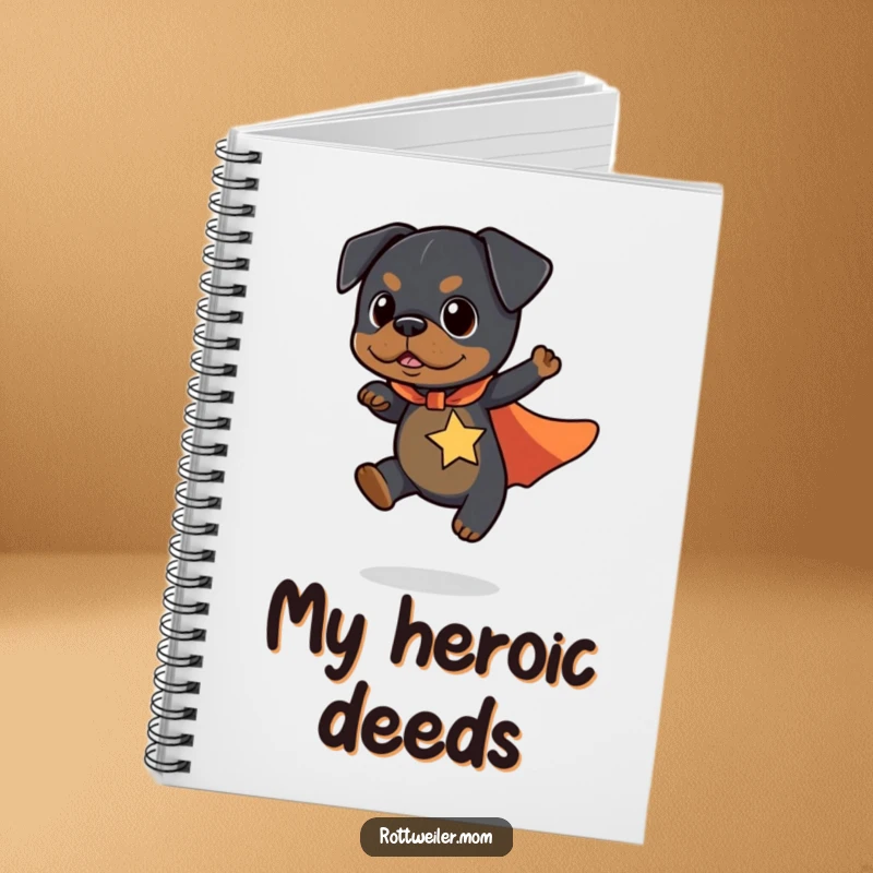 Funny Kawaii Rottweiler Notebook cover featuring a cute dog in a superhero cape flying a short distance, ready for notes.