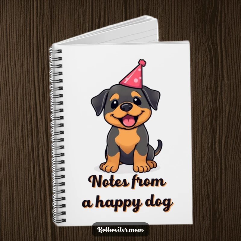 Funny kawaii Rottweiler notebook, a joyful dog jotting notes while wagging its tail in a party hat. For enthusiastic planners.