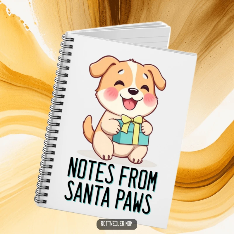 Funny cheerful dog notebook, a happy dog wagging its tail with a gift box, perfect for jotting down happy thoughts.