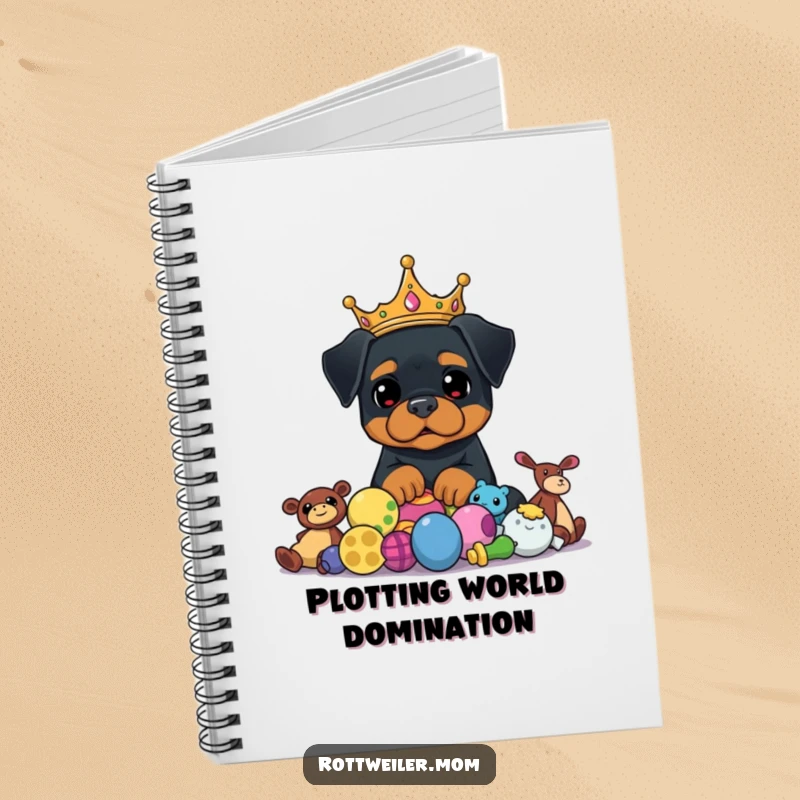 Funny Rottweiler King Notebook shows a crowned dog looking proudly over his toy pile, ready for humorous note-taking.