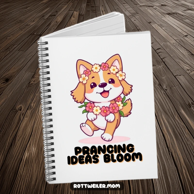 Funny Happy Dog Notebook: Dog with a flower garland joyfully prances, ideal for jotting down happy thoughts.