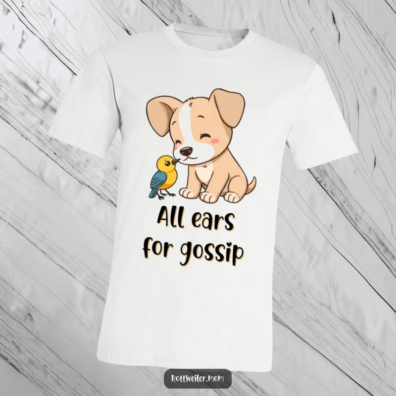 Funny puppy t-shirt, a dog with massive ears listening intently to a little bird, highlighting adorable attentiveness.