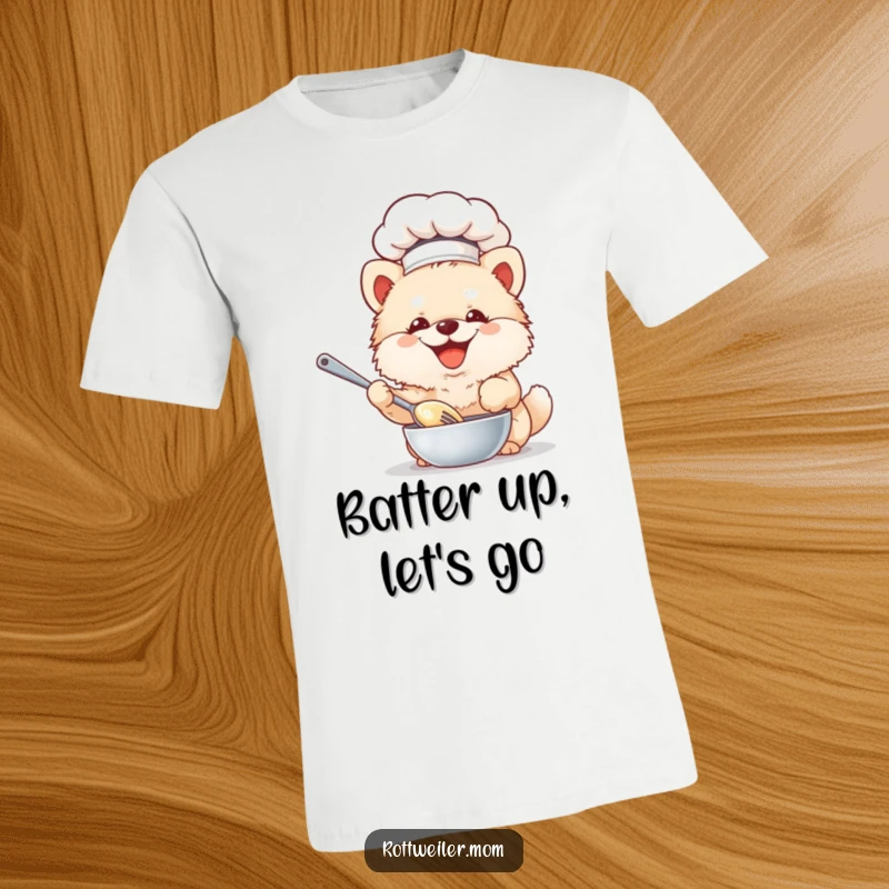 Funny Chef Dog T-Shirt showcasing a fluffy dog wearing a chef hat, joyfully whisking batter, a delightful gift for bakers.