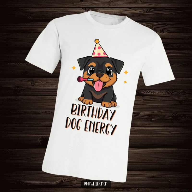 Funny t-shirt with a Rottweiler puppy wearing a party hat, exuberantly blowing a noisemaker, conveying playful and humorous party vibes.