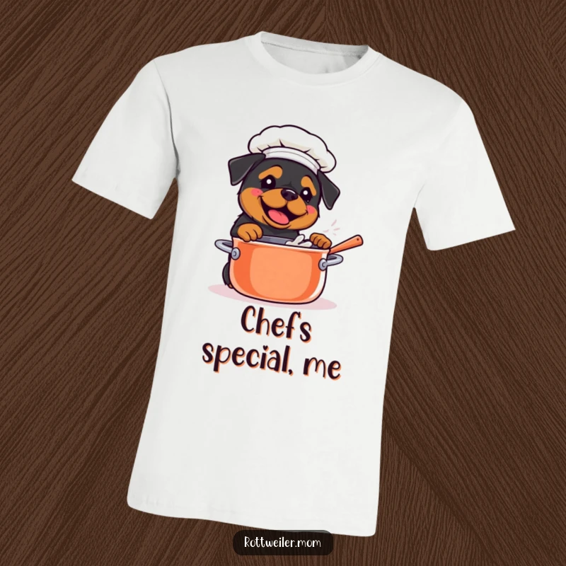 Funny Kawaii Rottweiler in a chef hat vigorously stirring a large pot on a t-shirt, a humorous culinary scene.