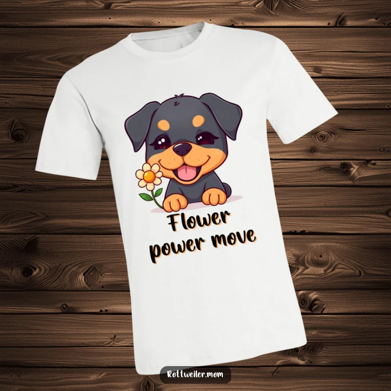 Funny Kawaii Rottweiler T-Shirt depicting a cute dog winking and presenting a single cheerful flower with a friendly demeanor.