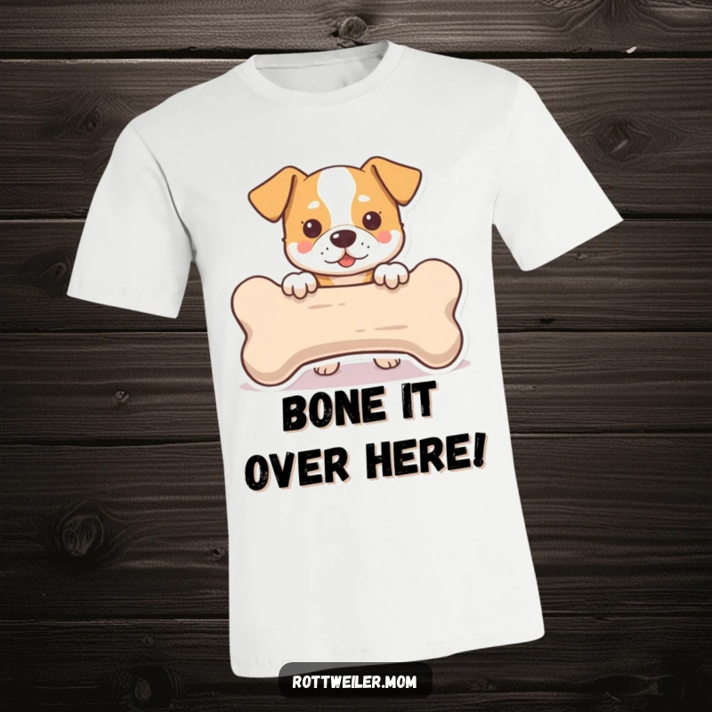 Funny T-Shirt: A mischievous dog peeking over a comically large bone, hunting for treats with an excited expression.