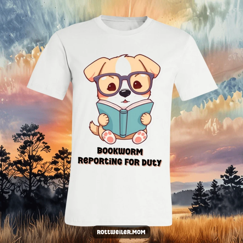 Funny dog t-shirt with large glasses, a dog engrossed in reading a book, conveying studious and humorous personality.