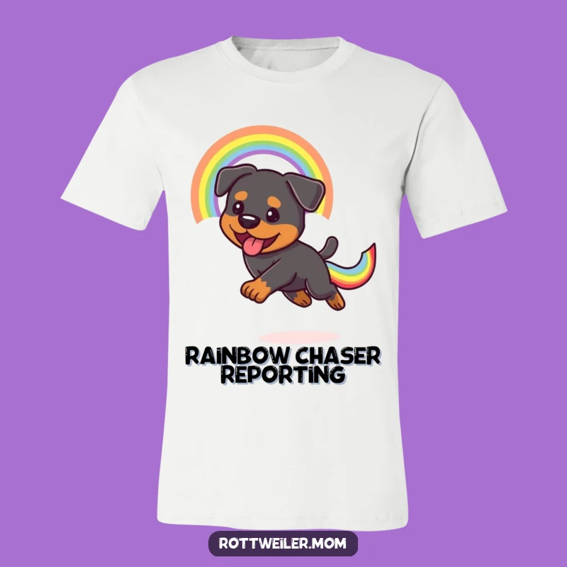 Funny Kawaii Rottweiler T-Shirt: Rainbow Tail Chase, Joyful & Humorous Gift