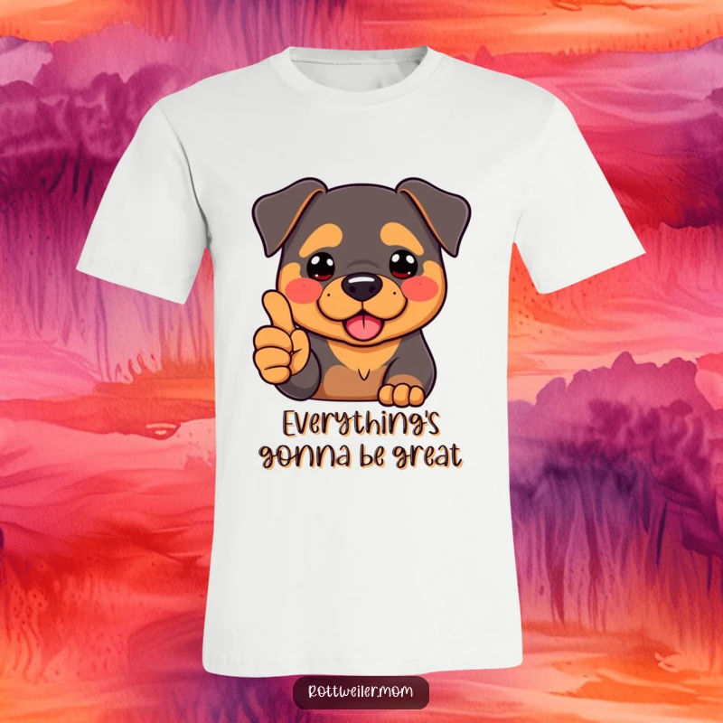 Funny Kawaii Rottweiler with rosy cheeks, extending a paw to give a thumbs-up, radiating happiness on a t-shirt.