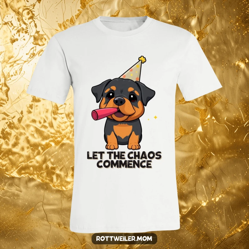 Funny Rottweiler T-Shirt: A rottweiler sports a party hat and blows a noisemaker, exuding pure party excitement and fun.