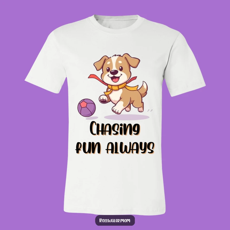 Funny Playful Dog T-Shirt: Ribbon Pup Chasing Ball - Hilarious Pet Action Apparel