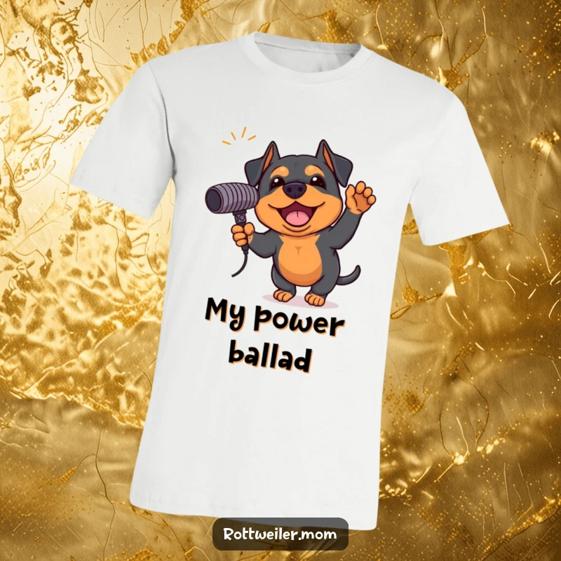 Funny Rottweiler t-shirt showing an excited dog holding a giant microphone, ready to sing its heart out with pure musical joy.