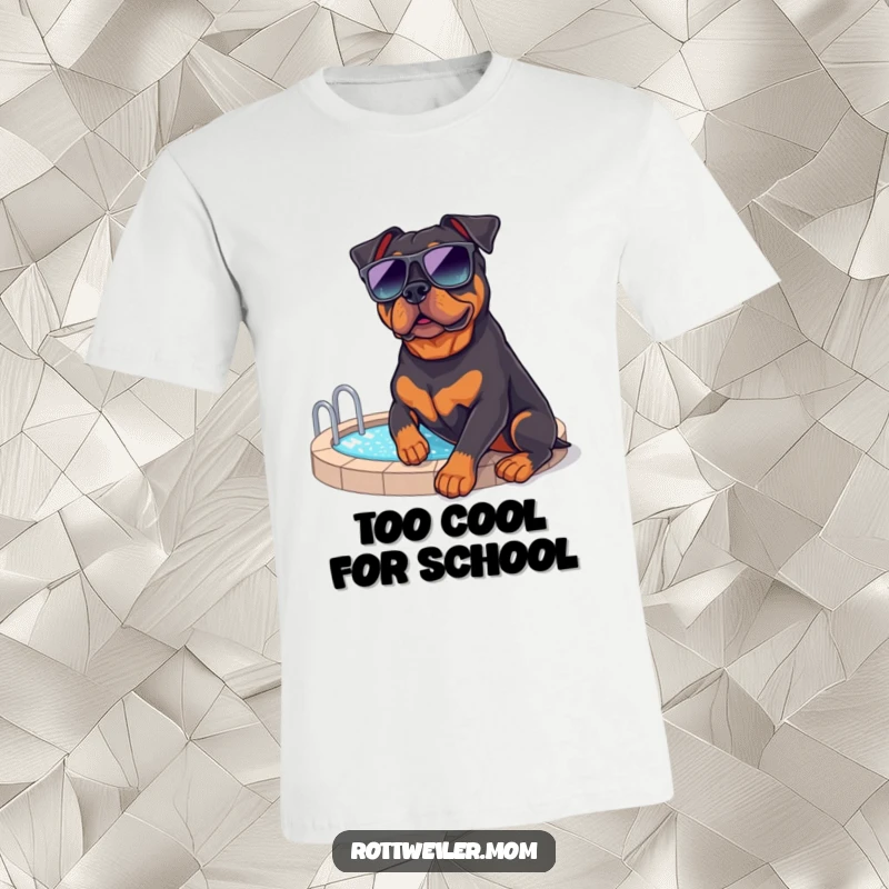 Funny Rottweiler Sunglasses T-Shirt: A rottweiler in oversized sunglasses relaxing by a pool, conveying cool humor.