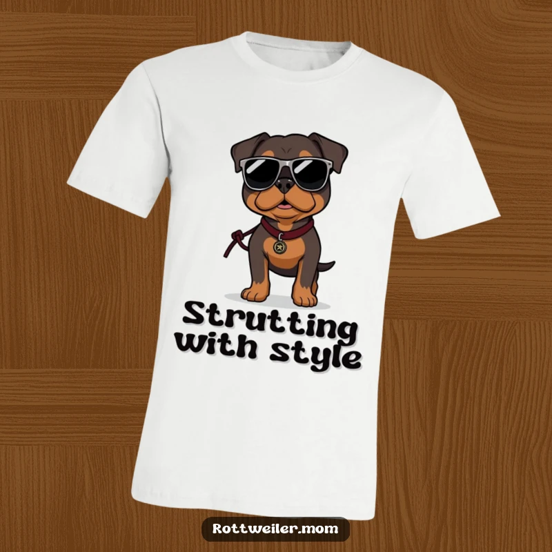 Funny Rottweiler t-shirt depicting a dog wearing oversized sunglasses and confidently strutting with a leash, exuding coolness.