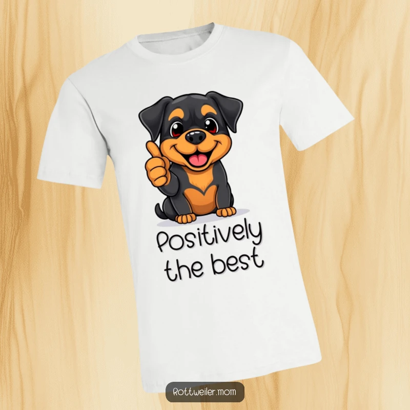 Funny Rottweiler t-shirt showing an enthusiastic pup giving a thumbs-up with a massive smile, radiating pure joy and positivity.