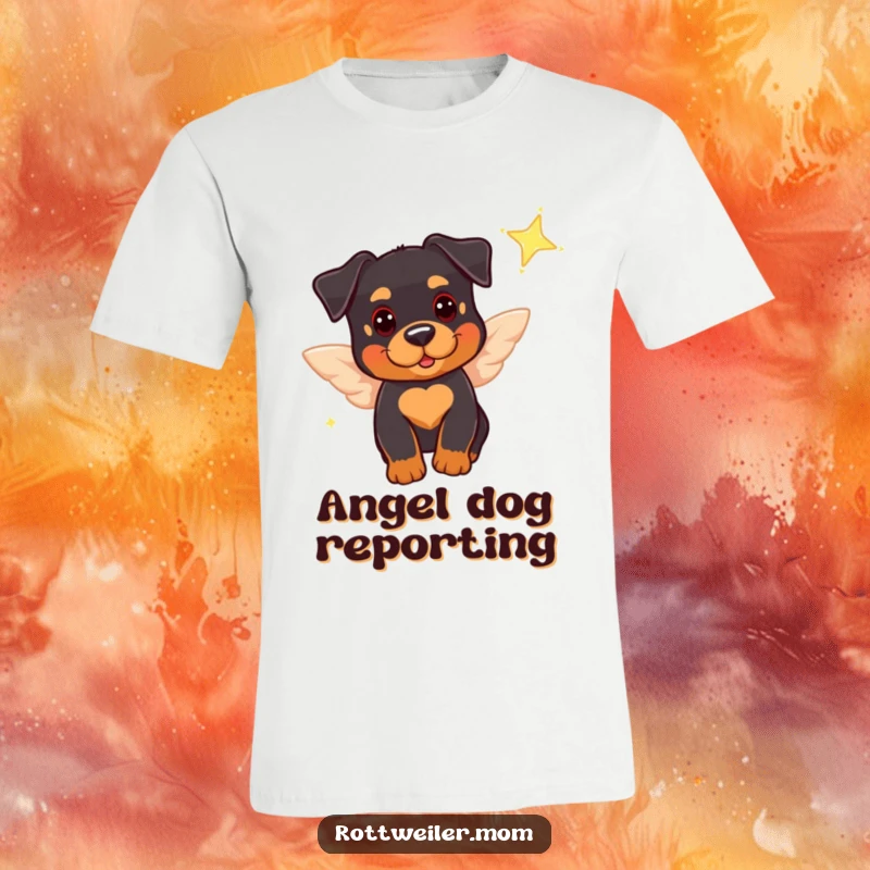 Funny t-shirt with a cute Rottweiler sporting tiny wings, playfully near a sparkling star, showcasing adorable and humorous doggy magic.
